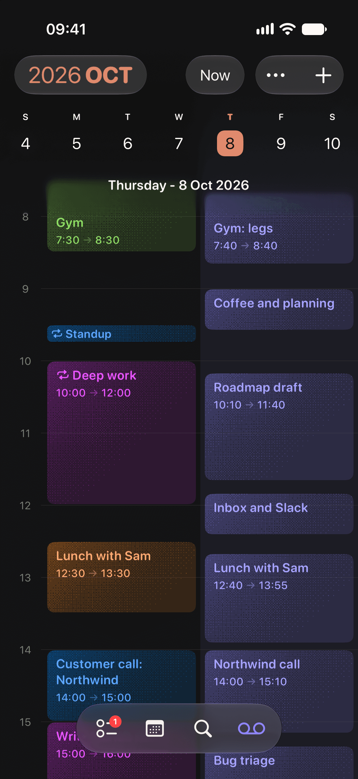 A day in Lifetime, with planned events beside journal entries